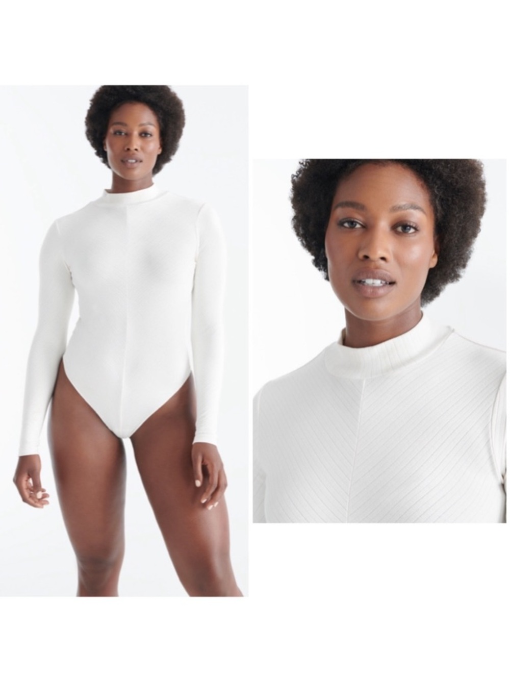 Knix | Chevron Ribbed Mock Neck Ivory White Long Sleeve Bodysuit XXXL